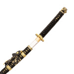 The SMAI Forged Carbon Steel Katana - Dark Emperor features a full tang, black and gold hilt, and matching scabbard, partially drawn and displayed on a white background.