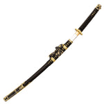 The SMAI Forged Carbon Steel Katana - Dark Emperor features a black and gold full tang design with ornate gold accents on the handle and sheath, showcasing traditional Japanese elements.