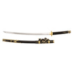 The SMAI Forged Carbon Steel Katana - Dark Emperor features a curved Damascus folded blade, black and gold handle, and an ornate matching sheath placed below the sword.