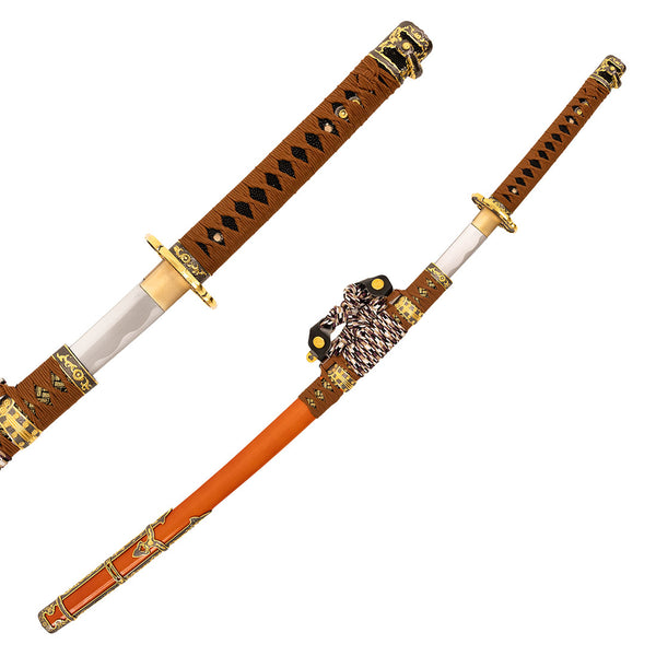 The SMAI Forged Carbon Orange Katana - Sun Emperor features a partially drawn folded steel blade, an ornate orange and gold scabbard with intricate patterns, and a decorative braided cord.