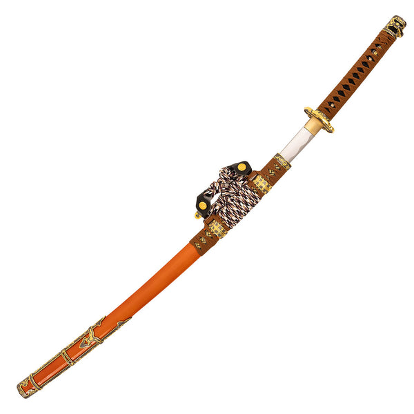 The SMAI Forged Carbon Orange Katana - Sun Emperor features a full tang build, ornate gold fittings, a brown handle with black wrap, and an orange scabbard—a stunning samurai sword ideal for collectors.