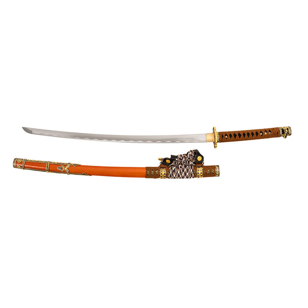The SMAI Forged Carbon Orange Katana - Sun Emperor features a full tang, curved silver blade, ornate guard, and brown handle, displayed above its orange and gold scabbard.