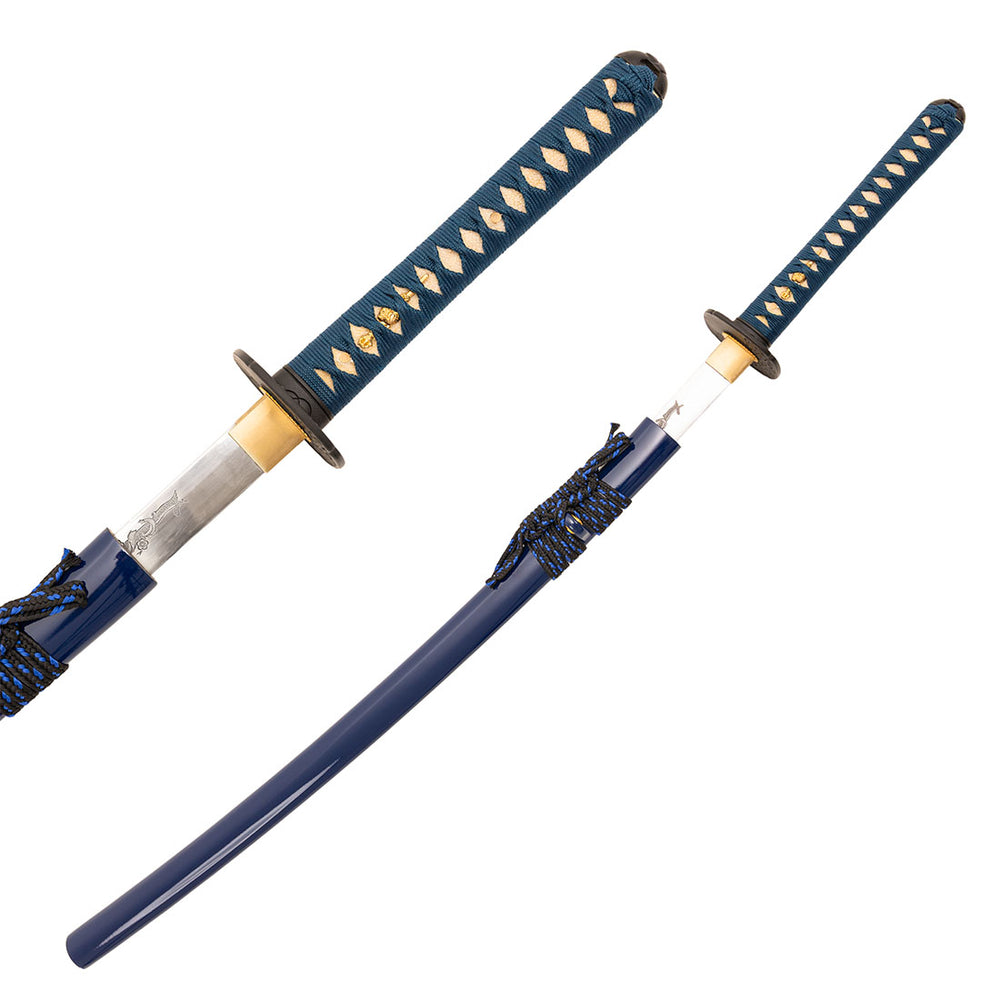 The SMAI Katana - Blue Ivy Dragon features a blue handle with gold diamond patterns and a matching sheath. One clay-tempered katana is fully sheathed, while the other is partially unsheathed to display its blade.