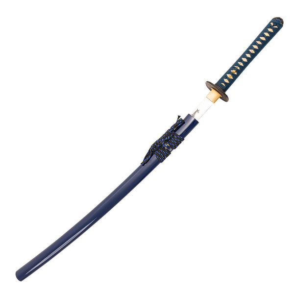 The SMAI Katana - Blue Ivy Dragon features a blue sheath and handle with gold diamond-shaped accents and detailed cord wrapping near the hilt.