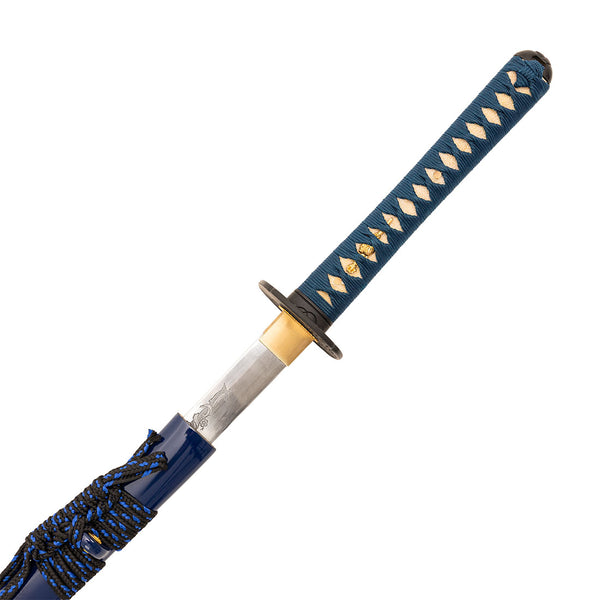 A close-up of the SMAI Katana - Blue Ivy Dragon shows its blue and gold handle, intricate wrapping, and a partially drawn blade emerging from the matching blue scabbard.