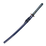 The SMAI Katana - Blue Ivy Dragon features a blue handle with woven cord, traditional diamond-pattern grip, and a matching blue sheath, all displayed on a white background.