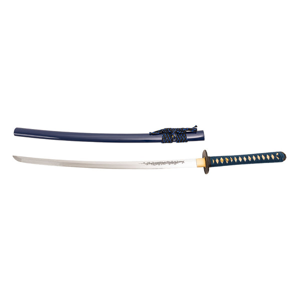 The SMAI Katana - Blue Ivy Dragon features a full tang design, blue and gold handle, curved silver blade, and comes with a blue scabbard adorned with a decorative cord.