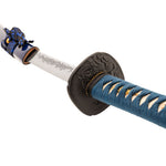 A close-up of the SMAI Katana - Blue Ivy Dragon reveals a detailed handguard, blue-wrapped handle, and intricate blade designs. This full tang katana highlights expert craftsmanship and striking detail.