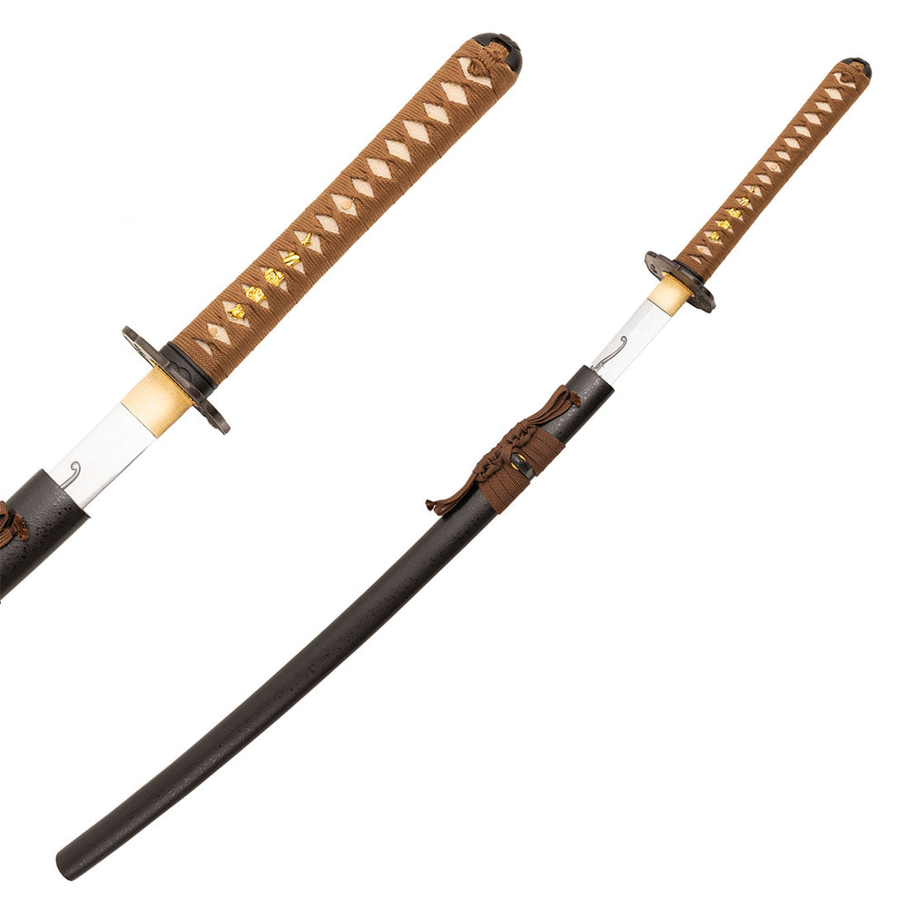Two views of the SMAI Forged Katana - Black Copper Dragon: a traditional full-tang blade with brown, diamond-patterned handle and black scabbard. One image shows it partially unsheathed; the other, fully sheathed with a decorative knot.