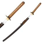 Two views of the SMAI Forged Katana - Black Copper Dragon: a traditional full-tang blade with brown, diamond-patterned handle and black scabbard. One image shows it partially unsheathed; the other, fully sheathed with a decorative knot.