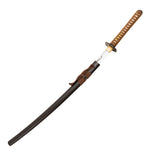 The SMAI Forged Katana - Black Copper Dragon features a clay tempered blade, brown cord-wrapped handle, and a black scabbard with a decorative knot.