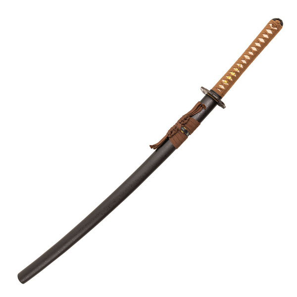 The SMAI Forged Katana - Black Copper Dragon features a full tang blade, brown wrapped handle, decorative guard, and black scabbard, showcasing traditional Japanese craftsmanship against a white background.