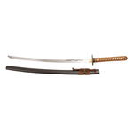 The SMAI Forged Katana - Black Copper Dragon features a full tang, curved steel blade, ornate guard, brown-wrapped handle, and comes with a black scabbard tied with a brown cord.