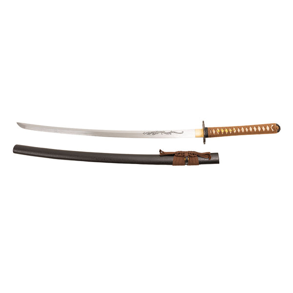 The SMAI Forged Katana - Black Copper Dragon features a full tang, curved steel blade, ornate guard, brown-wrapped handle, and comes with a black scabbard tied with a brown cord.
