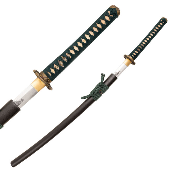 The SMAI Katana - Emerald Dragon features a green and gold-wrapped handle, ornate guard, and polished blade with clay-forged Hamon, partially drawn from its black scabbard to reveal elegant engravings.