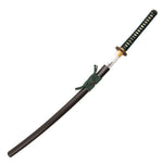 The SMAI Katana - Emerald Dragon features a green and gold-wrapped handle, ornate hand guard, clay-forged Hamon, and a black scabbard, displayed against a white background.