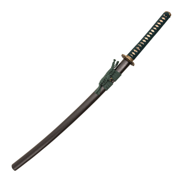 The SMAI Katana - Emerald Dragon features a dark green-wrapped handle, matching cord, full tang construction, and a clay-forged Hamon. It comes sheathed in a black scabbard and is displayed on a plain white background.