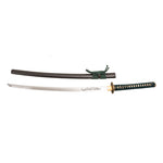 The Katana - Emerald Dragon by SMAI features a green and black handle, ornate guard, engraved blade with clay-forged Hamon, full tang, and a black scabbard wrapped with elegant green cord.