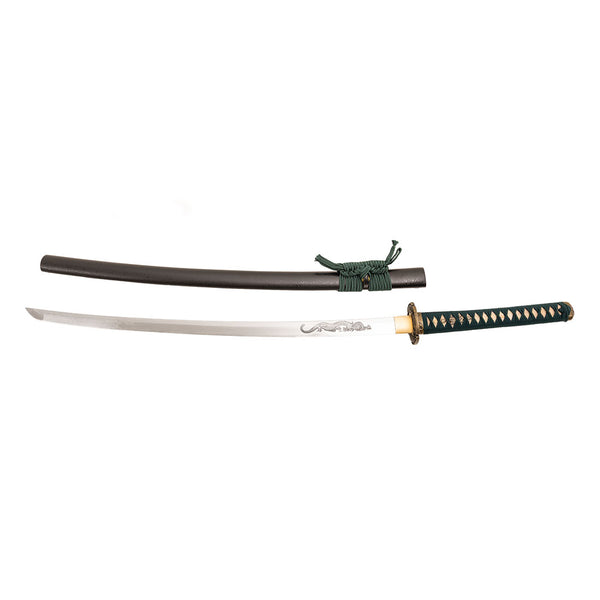 The Katana - Emerald Dragon by SMAI features a green and black handle, ornate guard, engraved blade with clay-forged Hamon, full tang, and a black scabbard wrapped with elegant green cord.