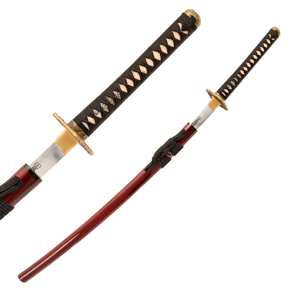 The SMAI Katana - Blood Dragon features a black-wrapped handle, ornate gold guard, and clay-forged Hamon steel blade. Shown sheathed and unsheathed in a glossy red scabbard with black cord wrapping.