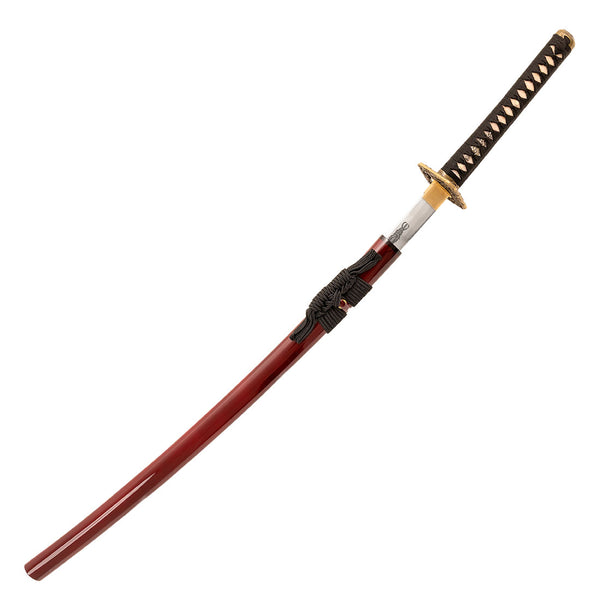 The SMAI Katana - Blood Dragon features a curved, polished steel blade with clay-forged Hamon, ornate guard, black and gold handle, and a glossy deep red scabbard wrapped in black cord.