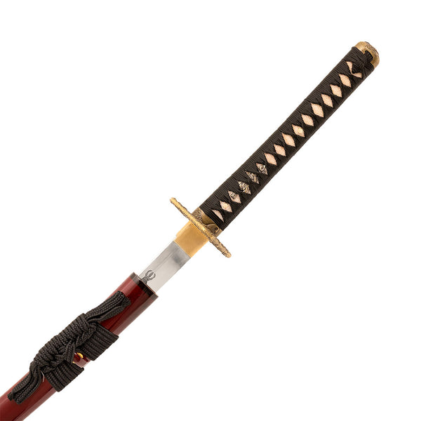 The SMAI Katana - Blood Dragon features a black and gold handle, ornate cord wrapping, a decorative hand guard, and a clay-forged Hamon, with its glossy red scabbard partially drawn to reveal the blade.