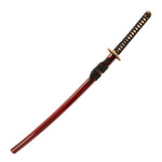 The SMAI Katana - Blood Dragon features a glossy red scabbard, black diamond-pattern handle, gold handguard, and an authentic clay-forged Hamon for a touch of traditional elegance.