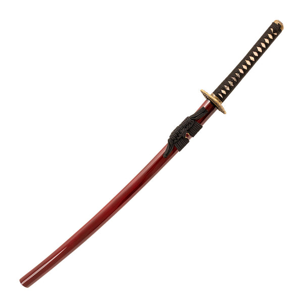 The SMAI Katana - Blood Dragon features a glossy red scabbard, black diamond-pattern handle, gold handguard, and an authentic clay-forged Hamon for a touch of traditional elegance.