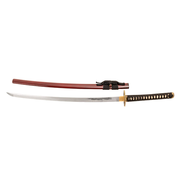 The SMAI Katana - Blood Dragon features a curved, clay-forged Hamon steel blade, ornate guard, black handle with gold accents, and comes with a glossy red scabbard.