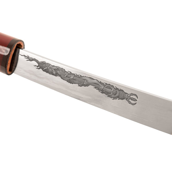A close-up of the SMAI Katana - Blood Dragon blade shows its engraved dragon design and clay-forged Hamon, partially sheathed in a reddish-brown leather scabbard.