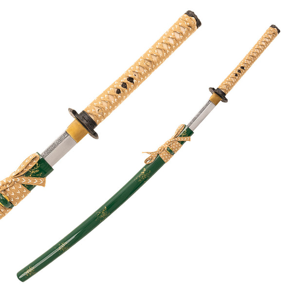 The SMAI Medium Carbon Steel Green Katana - Ancient Dynasty features a green lacquered sheath with gold designs, a beige woven handle with black accents, and a shiny, partially drawn blade—making it a striking display piece.