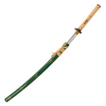 The SMAI Medium Carbon Steel Green Katana - Ancient Dynasty features a green lacquered scabbard with gold floral designs, a yellow-gold woven handle, and is displayed partially unsheathed to reveal its gleaming silver blade.