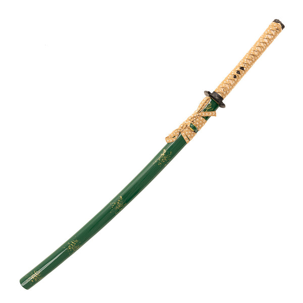 The SMAI Medium Carbon Steel Green Katana - Ancient Dynasty features a green lacquered scabbard with gold accents and a tan, intricately wrapped handle, combining traditional style with elegant craftsmanship.