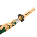 A close-up of the SMAI Medium Carbon Steel Green Katana - Ancient Dynasty, partially drawn to reveal its braided tan handle, decorative guard, and shiny blade—an ideal display piece inspired by traditional samurai swords.
