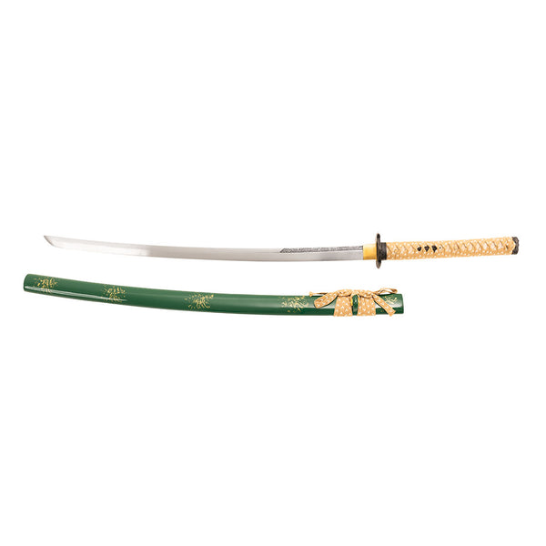 The SMAI Medium Carbon Steel Green Katana - Ancient Dynasty features a shiny curved blade, yellow-patterned handle, and a green and yellow scabbard with gold detailing—an ideal collector’s display piece.