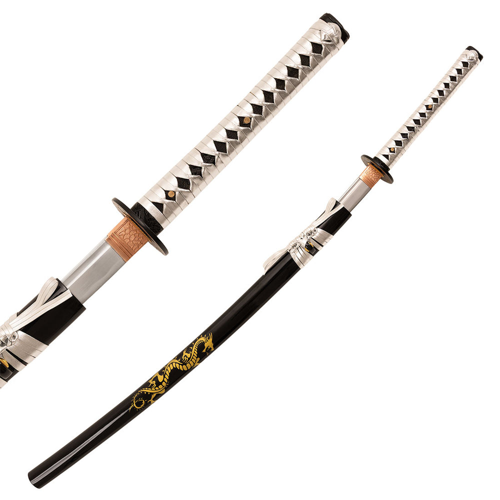 Two views of the SMAI Display Carbon Katana - Black Dragon Rose Tip, featuring a black and gold dragon scabbard and a white handle with black diamond pattern. This decorative carbon steel samurai sword is partially unsheathed to reveal its shiny blade.