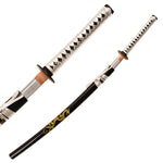 Two views of the SMAI Display Carbon Katana - Black Dragon Rose Tip, featuring a black and gold dragon scabbard and a white handle with black diamond pattern. This decorative carbon steel samurai sword is partially unsheathed to reveal its shiny blade.