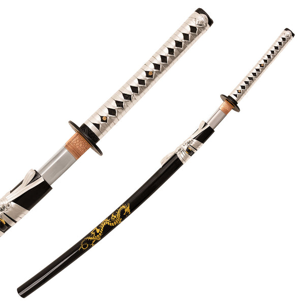 Two views of the SMAI Display Carbon Katana - Black Dragon Rose Tip, featuring a black and gold dragon scabbard and a white handle with black diamond pattern. This decorative carbon steel samurai sword is partially unsheathed to reveal its shiny blade.