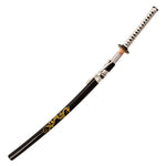The SMAI Display Carbon Katana - Black Dragon Rose Tip features a silver and black handle, black scabbard, gold dragon motif near the tip, and is crafted from display-grade carbon steel—perfect for collectors and enthusiasts.