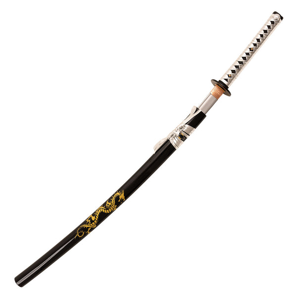 The SMAI Display Carbon Katana - Black Dragon Rose Tip features a silver and black handle, black scabbard, gold dragon motif near the tip, and is crafted from display-grade carbon steel—perfect for collectors and enthusiasts.