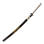 The SMAI Display Carbon Katana - Black Dragon Rose Tip features a white and black handle, a glossy black scabbard with a gold dragon motif, and is crafted from display-grade carbon steel.