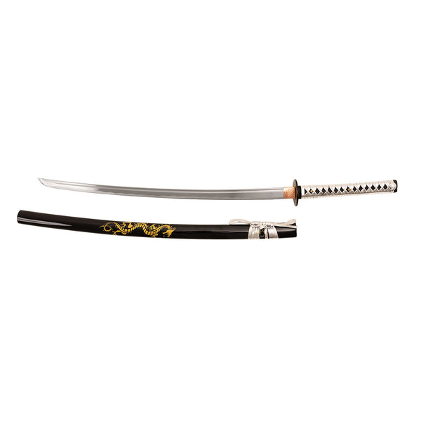 The SMAI Display Carbon Katana - Black Dragon Rose Tip features a silver and black handle, a black sheath with a gold dragon motif, and is crafted from display-grade carbon steel.