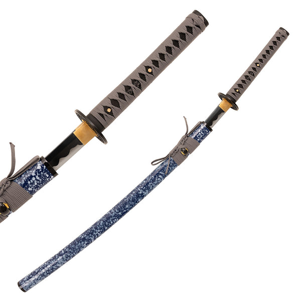 The SMAI Medium Carbon Blue Katana - Dark Atlantis features a gray-wrapped handle, gold guard, and blue-and-white speckled sheath. Shown sheathed and partly unsheathed, its full tang build highlights the intricate design.