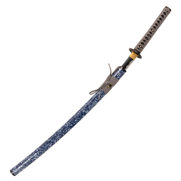 The SMAI Medium Carbon Blue Katana - Dark Atlantis features a blue and white speckled sheath, gray handle with black cord wrap, gold handguard accents, and full tang design. It is elegantly sheathed and displayed against a white background.