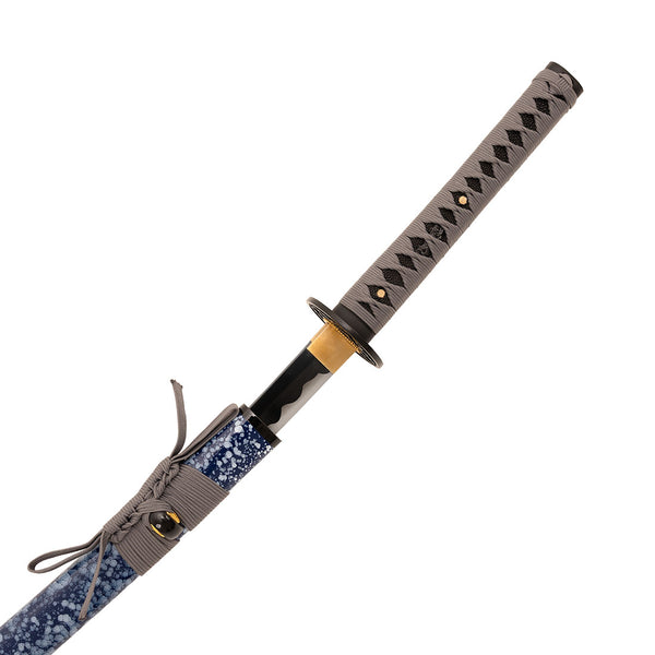 The SMAI Medium Carbon Blue Katana - Dark Atlantis features a gray-wrapped handle, blue floral-patterned scabbard, partially drawn black blade, gold guard, and a full tang design.