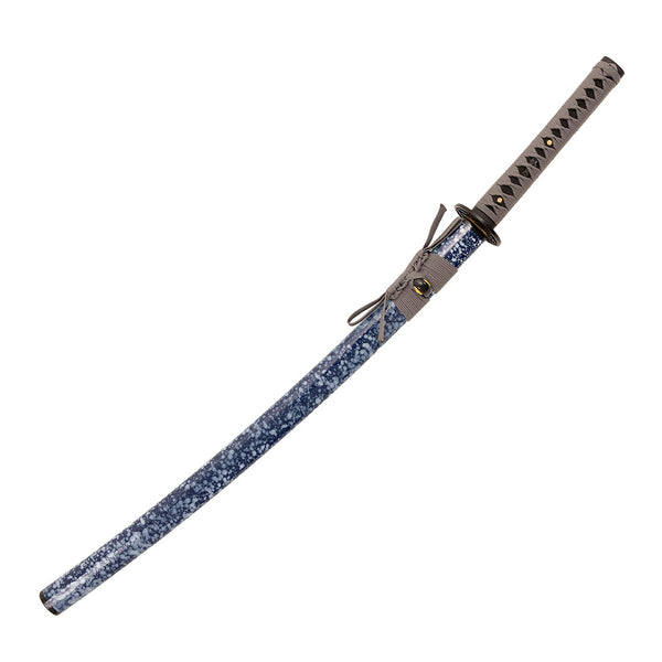 The SMAI Medium Carbon Blue Katana – Dark Atlantis features a full tang blade, gray handle wrapped in black cord, blue and white textured scabbard, and decorative guard accents, displayed on a white background.