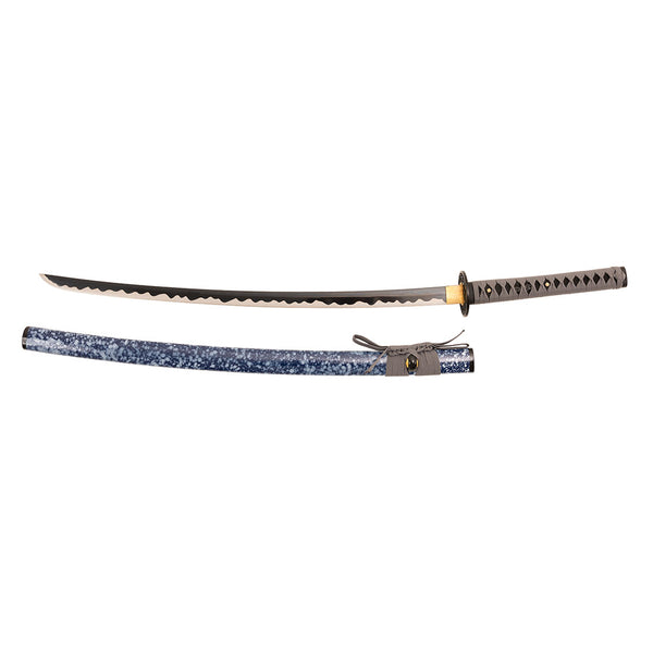 The SMAI Medium Carbon Blue Katana - Dark Atlantis features a full tang, patterned blade and black and silver handle, displayed above a blue and white speckled scabbard with a cord near its opening.