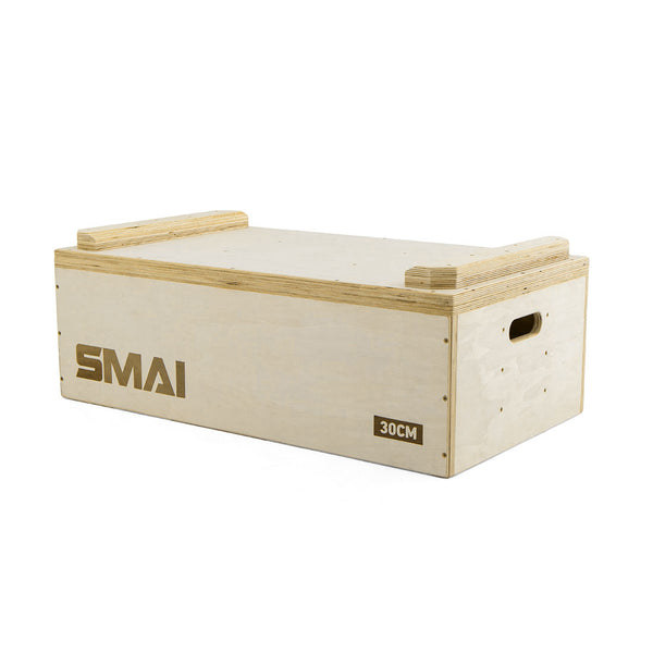 The SMAI Jerk Blocks (Pair) are wooden plyometric boxes with a 30CM height marker, cut-out handles, and reinforced edges—ideal for fitness training, use as jerk blocks, or weightlifting blocks.