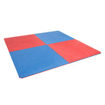 Four SMAI Jigsaw Mats - 2cm Factory Seconds with cosmetic imperfections are arranged in a checkerboard of alternating blue and red on a white background.