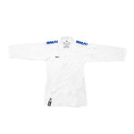 A white SMAI WKF Karate Uniform Pack – 8oz Premium Kumite Gi – Jin jacket with "SMAI" in blue on both shoulders, shown flat on a white background. Features a label near the hem; perfect for martial artists seeking quality.